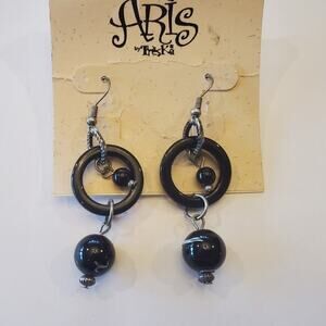 Treska goth grunge dangle drop ornamental charm black French wire earrings